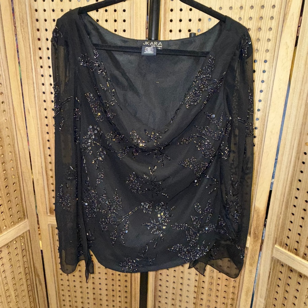 JKara New York Black Beaded Embellished Long Sleeve Blouse Top L‎